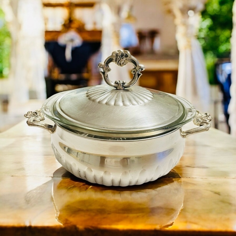 Vintage Silver Plated 3-Piece Covered Serving Dish With Glass Liner and Handles